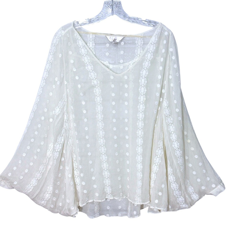 ZOA Silk Sheer Kimono Sleeve Top Size M Batwing Polka Dot Boho Coastal Resort